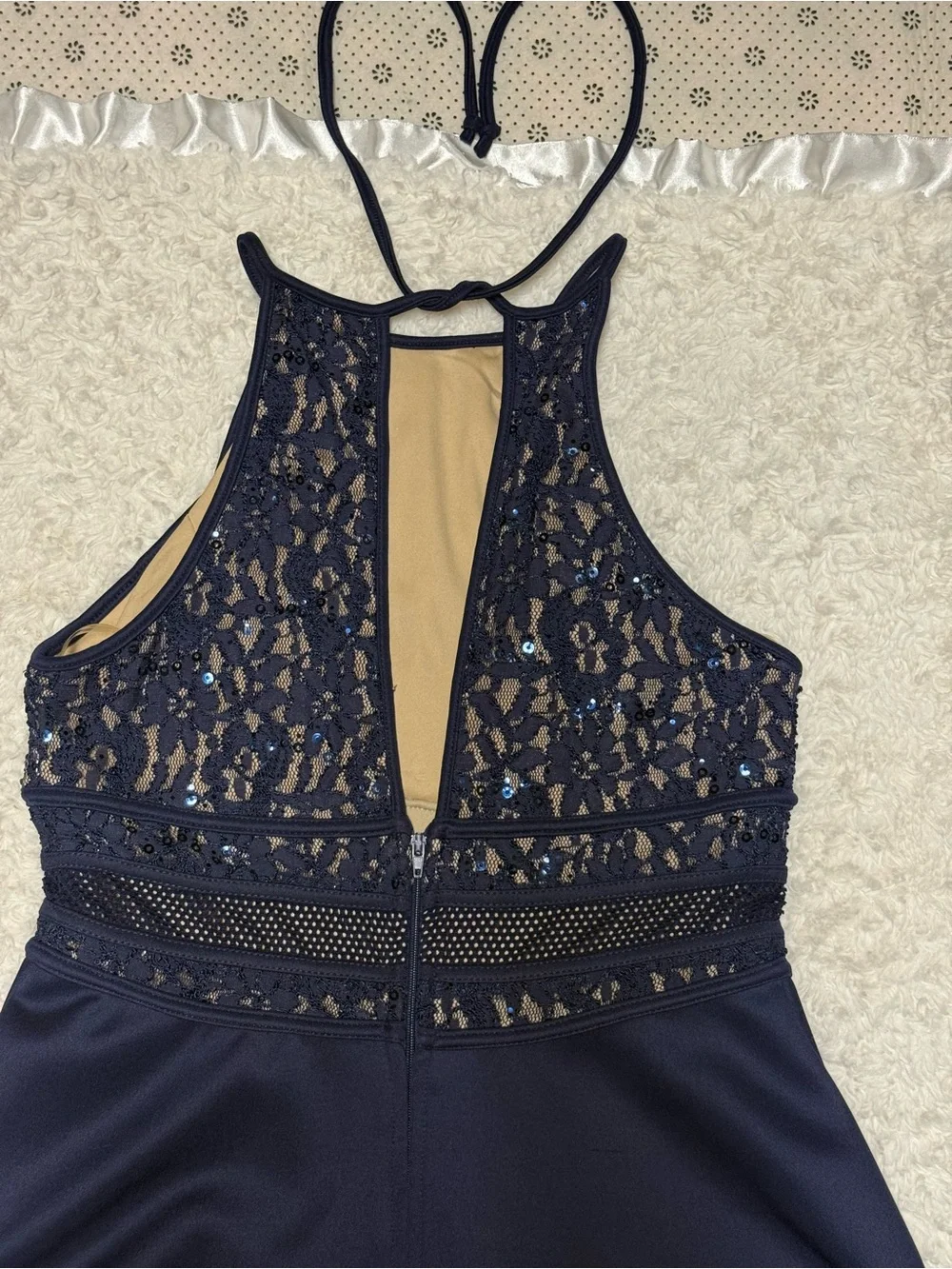 NWT Navy Lace & Mesh Halter Cocktail Party Dress | Fit & Flare | Sequin Detail